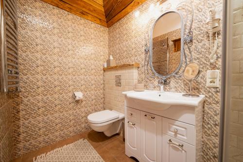 a bathroom with a toilet and a sink and a mirror at Boutique Hotel Virkas muiža in Kuldīga
