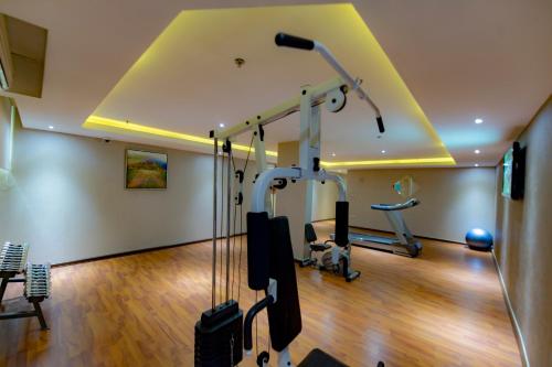 a room with a gym with two tread machines at Boudl Al Woroud بودل الورود in Riyadh
