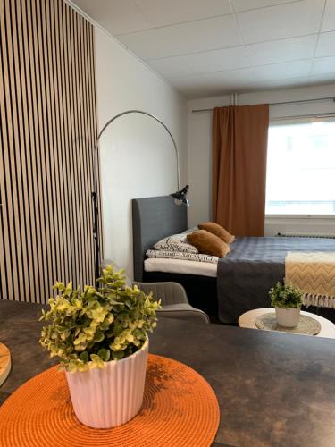 a room with two beds and a table with a potted plant at Studio apartment B13 in the city center in Oulu