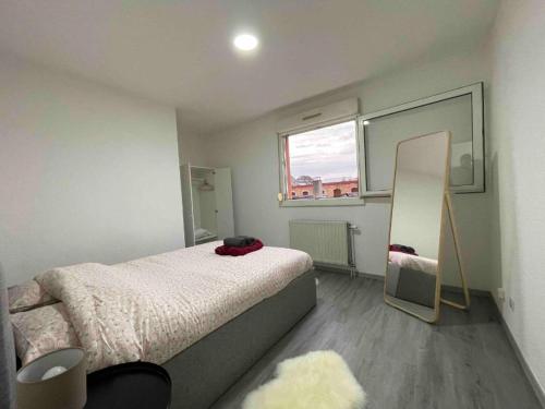 a bedroom with a bed and a mirror in it at T2 7 Lys - central, terrasse, garage in Saint-Louis