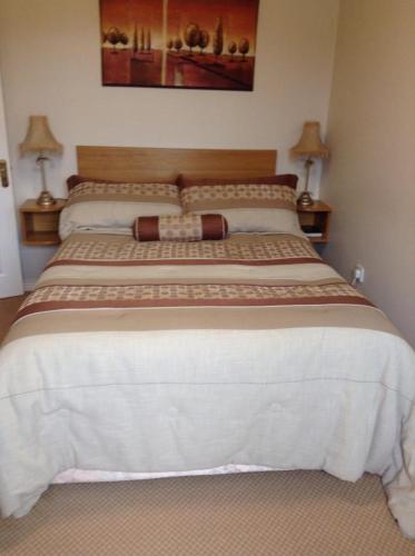 a large bed in a bedroom with two lamps at Cillcearn House in Killarney