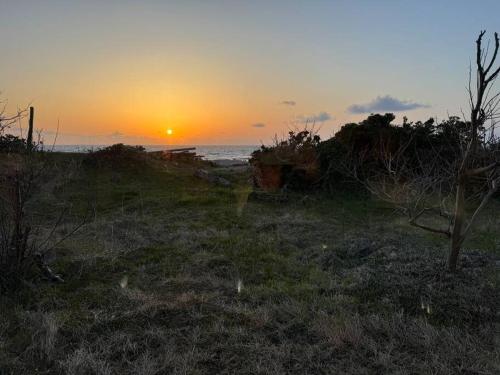 a sunset in a field with the ocean in the background at Captain's House, explore the crustal movement every thousand years in Kuroshima