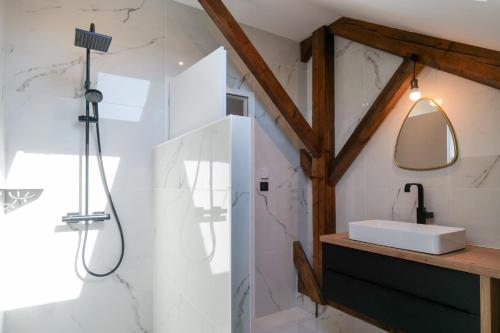 une salle de bain avec une douche avec un lavabo et un miroir dans l'établissement Jolie maison de ville rénovée avec goût proche toutes commodités quartier Arago Les Sables - 13 personnes, à Les Sables-dʼOlonne
