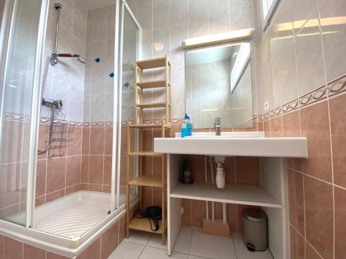une salle de bain avec un lavabo et une douche dans l'établissement Bel appartement avec WIFI, parking au centre-ville de PERROS-GUIREC - Réf 927, à Perros-Guirec