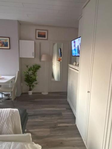 a room with a living room with a table and a television at Sonniges Studio in Rheine Nähe Zentrum in Rheine
