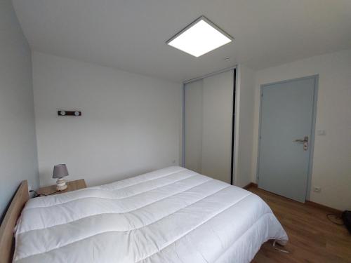 a bedroom with a large white bed and a skylight at Le merle enchanté in Mons-en-Chaussée