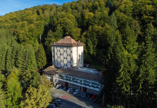 an aerial view of a building in the middle of a forest at Hotel Hefaistos - Sovata in Sovata
