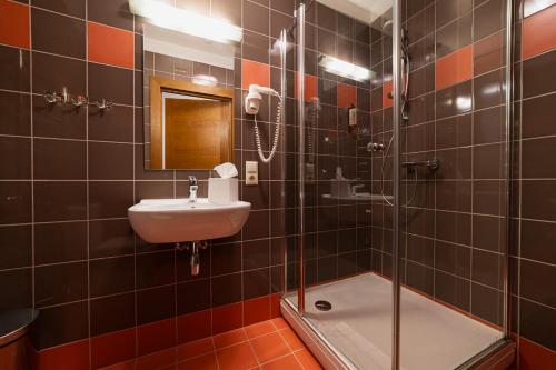 a bathroom with a sink and a glass shower at Comfort Hotel Kuldiga in Kuldīga