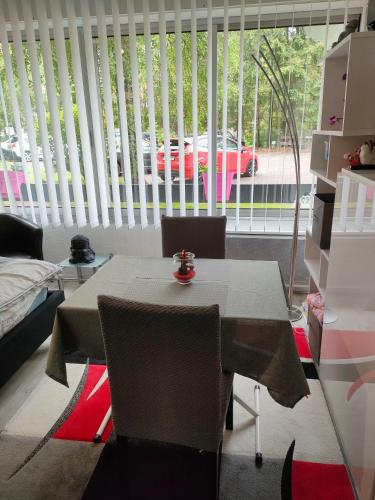 a dining table and chairs in a room with a window at Un temps pour vous in Ammerschwihr