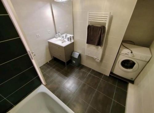 une salle de bain avec un lavabo et une machine à laver dans l'établissement HOMEYPIC Villeurbanne T4 proche INSA, à Villeurbanne