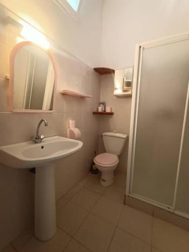 une salle de bain avec un lavabo, des toilettes et un miroir dans l'établissement Maison de Famille Vintage à 100m de la Plage 10ARGO82, à Saint Pierre La Mer