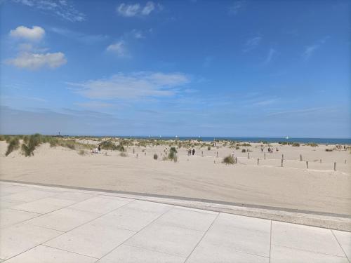 - une plage avec des personnes se promenant sur le sable dans l'établissement Maison de vacances près de la digue et plage, à Dunkerque