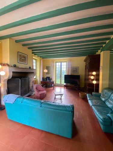 un salon avec un canapé bleu et une cheminée dans l'établissement Grande maison de famille entre Bazas et Casteljaloux, à Sauviac
