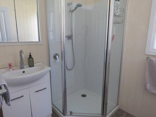 a bathroom with a shower and a sink at The Homestead in Cable Bay