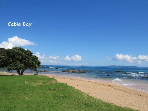a beach with a tree and the ocean at The Homestead in Cable Bay