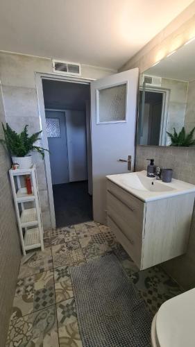 une salle de bain avec un lavabo et un miroir dans l'établissement Route des graves, à Podensac