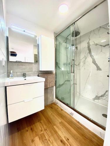 une salle de bain avec douche et lavabo dans l'établissement Maison, jardinet, terrasse, parking privée, climatisation, à Saintes-Maries-de-la-Mer