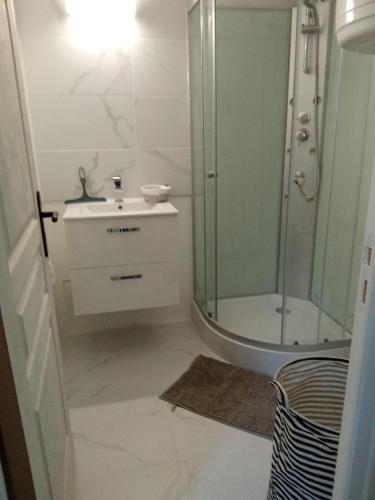 une salle de bain avec douche et lavabo dans l'établissement Le bloo, à Rouen