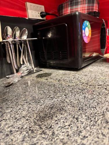 a microwave sitting on top of a kitchen counter at Charming 1BR with Stunning Eiffel Tower View in Rāmkot