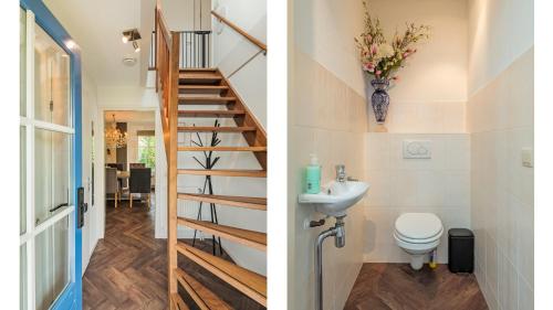 a bathroom with a staircase and a sink and a toilet at De IJsvogel in Schoorl