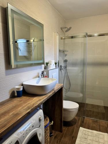 ein Badezimmer mit Waschbecken, Toilette und Dusche in der Unterkunft Apartman Vitanov in Vinišće