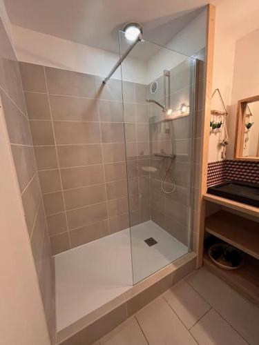 une douche avec une porte vitrée dans une salle de bain dans l'établissement Le Juliette 23 - T3 lumineux, à Bourg-en-Bresse