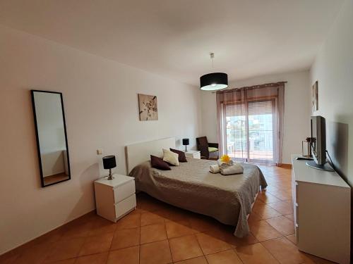een slaapkamer met een bed, een spiegel en een televisie bij 4D Terrace A - Casas & Papeis in Armação de Pêra