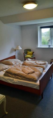 a large bed in a room with a window at Dybvad Mølle bed and breakfast in Års