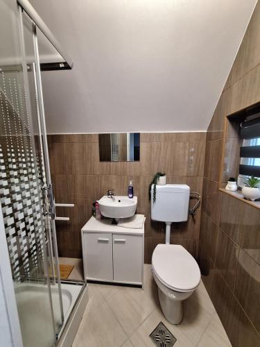 ein Badezimmer mit Toilette, Waschbecken und Dusche in der Unterkunft Várhegy apartman in Neszmély