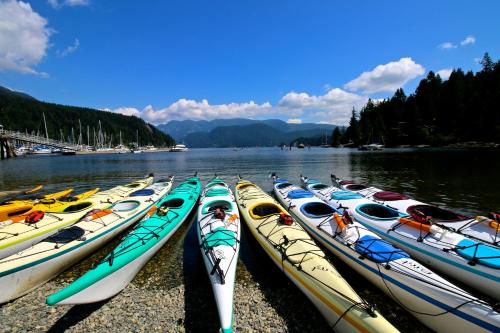 a group of kayaks lined up on the shore of a river at Scorpion Hiuse Langley -ROOM A in Langley