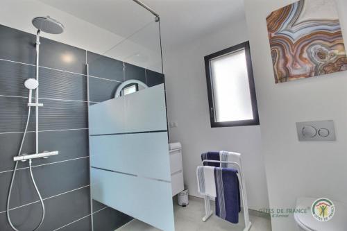 Un baño con ducha y un mueble azul. en Villa armor azur, en Erquy