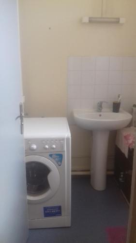 une machine à laver dans une salle de bain à côté d'un lavabo dans l'établissement Daxy91, à Ris-Orangis