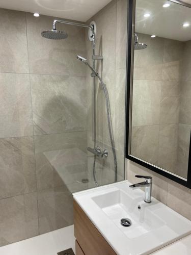 a bathroom with a shower and a white sink at AltiPAM Lodge Val Thorens in Val Thorens