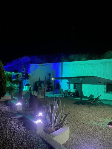 a house with a cactus in front of it at night at Cuevas Helena in Benamaurel