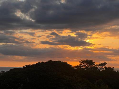 a cloudy sky with trees in front of the ocean at Cozy Seaview Penthouse in Flic-en-Flac