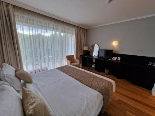 a hotel room with a large bed and a desk at Hotel Sunny Hill in Cluj-Napoca