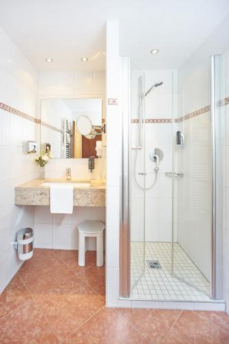 a bathroom with a shower and a sink at Hotel Klosterhotel Ludwig der Bayer in Ettal