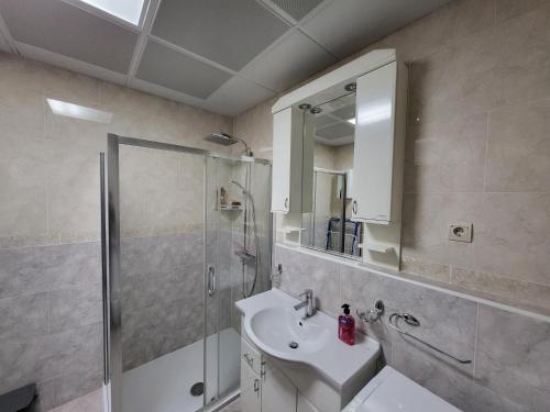 un bagno con lavandino e doccia di Apartment Olive a Bar