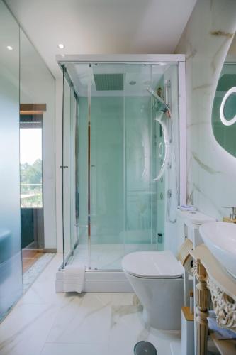 a bathroom with a glass shower and a toilet at Guesthouse Arieira Escapadinha Exclusiva na Natureza in Aguda