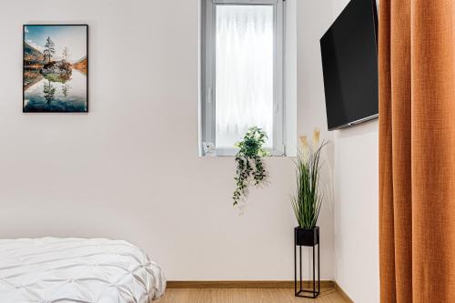 a white bedroom with a bed and a window at ARI Central Grand Apartments - Luxurious Stay in Arad