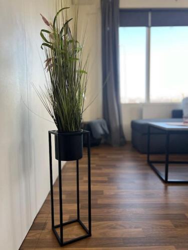 a potted plant on a stand in a living room at Lakeside Apartments - A in Egilsstadir