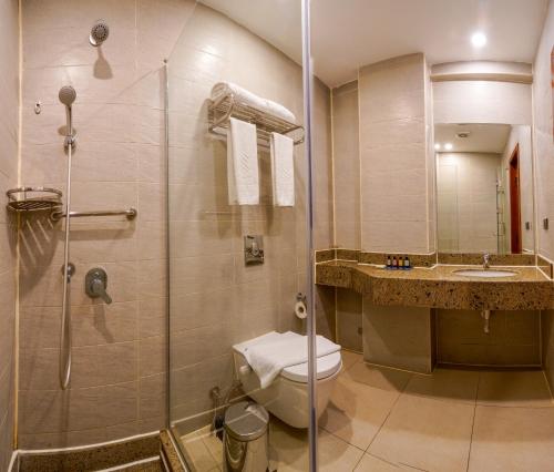 a bathroom with a shower and a toilet and a sink at Stay Inn Cairo Hotel in Cairo