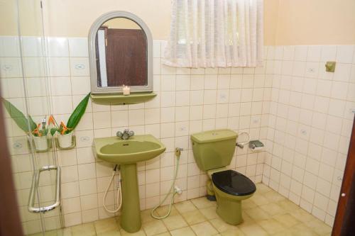 a bathroom with a green sink and a toilet at Villa for leisure and work at Kalutara suburbs in Bandaragama