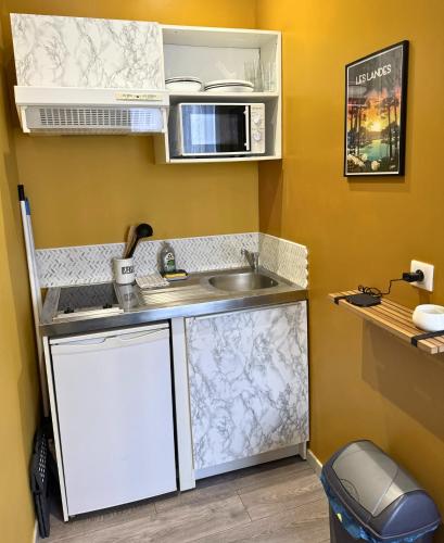 une petite cuisine avec un évier et un micro-ondes dans l'établissement Mini Nid - Centre - Wifi - Equipé - Cosy, à Dax