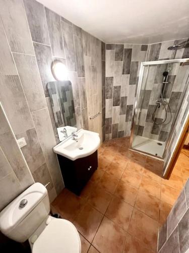 une salle de bain avec toilettes, lavabo et douche dans l'établissement Les chambres de la bastide - 202, à Carcassonne