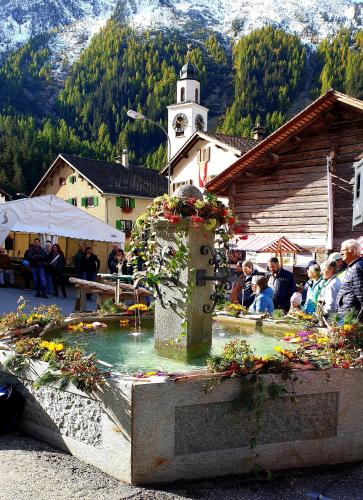a fountain with flowers in front of a building at Gasthaus Alpenrose in Innerferrera