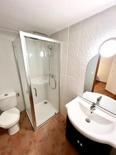 une salle de bain avec une douche, des toilettes et un lavabo dans l'établissement Les chambres de la bastide - 204, à Carcassonne