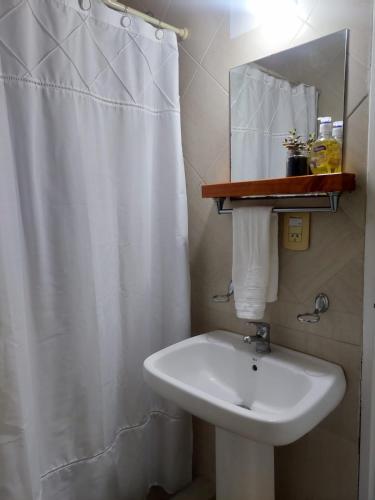 a bathroom with a sink and a shower curtain at Elsueño in San Nicolás de los Arroyos