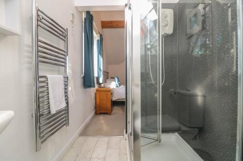 y baño con ducha y cabina de ducha acristalada. en Penhaven, en Bude