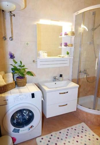 a bathroom with a washing machine and a sink at Apartment Ljubav in Makarska